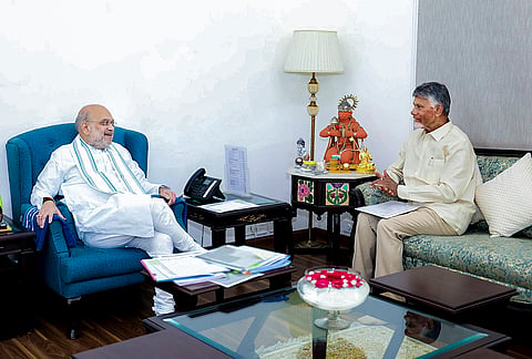Union Home Minister Amit Shah with Andhra Pradesh Chief Minister N. Chandrababu Naidu during a meeting. 
