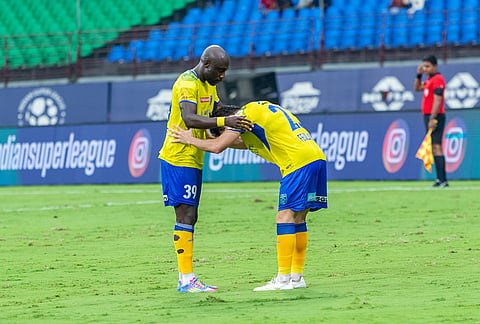 Kerala Blasters players celebrate a goal during the ISL 2025-26 clash against Mohammedan Sporting in Kochi.