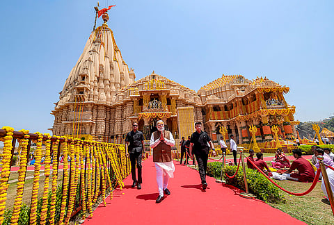 Prime Minister Narendra Modi during the Somnath Amrut Mahotsav, which marks 75 years of the inauguration of the restored temple dedicated to Lord Shiva, in Veraval, Gir Somnath district, Gujarat. 
