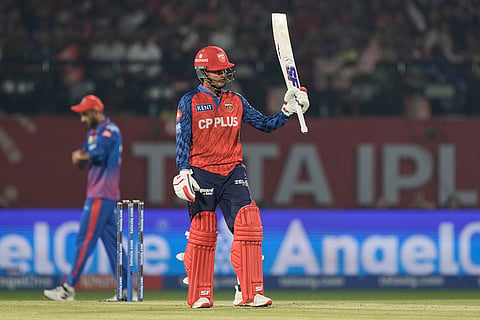 Punjab Kings' Priyansh Arya celebrates his fifty runs during the Indian Premier League cricket match between Delhi Capitals and Punjab Kings in Dharamshala, India.