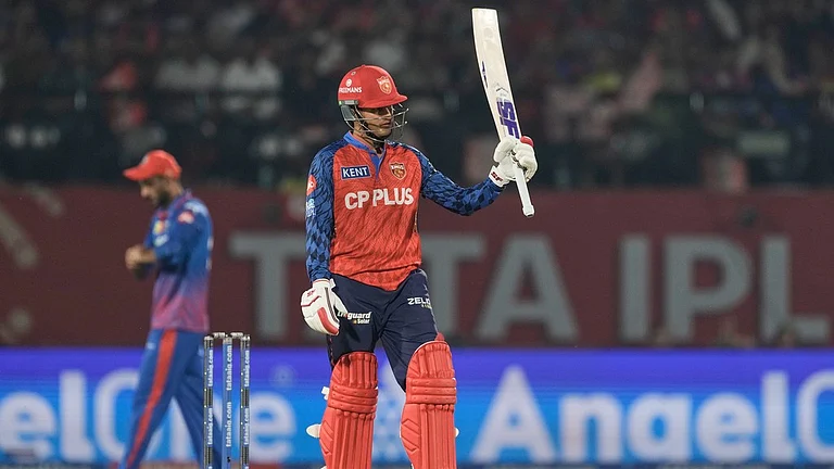 Punjab Kings' Priyansh Arya celebrates his fifty runs during the Indian Premier League cricket match between Delhi Capitals and Punjab Kings in Dharamshala, India, Monday, May 11, 2026. - AP Photo/Ashwini Bhatia