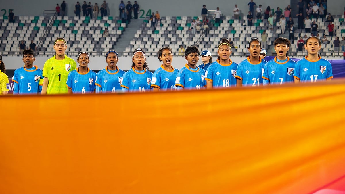 Indian players sing the national anthem ahead of their AFC U17 Women's Asian Cup quarter-final match against China in Suzhou. - Photo: X/AIFF