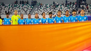 Photo: X/AIFF : Indian players sing the national anthem ahead of their AFC U17 Women's Asian Cup quarter-final match against China in Suzhou.
