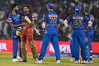 RCB Vs MI, IPL 2026: Bhuvneshwar Kumar, Krunal Pandya Star As Bengaluru Get Past Mumbai In A Last-Ball Thriller-In Pics | Photo: AP/Mahesh Kumar A. : Mumbai Indians' Jasprit Bumrah, left, congratulates Royal Challengers Bengaluru's Bhuvneshwar Kumar, second left, after Royal Challengers Bengaluru won the match during the Indian Premier League cricket match between Royal Challengers Bengaluru and Mumbai Indians in Raipur, India.