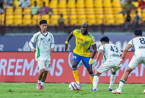 Kevin Yoke of Kerala Blasters in action against Mohammedan Sporting during the ISL 2025-26 match in Kochi.