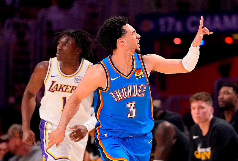 NBA basketball playoffs series Lakers vs Thunder-Jared McCain