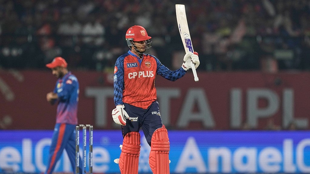 Priyansh Arya celebrates his fifty during the Indian Premier League match between Delhi Capitals and Punjab Kings in Dharamsala. - AP/Ashwini Bhatia
