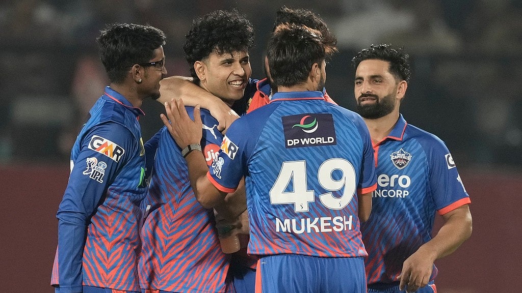 Madhav Tiwari, second left, celebrates the wicket of Priyansh Arya with teammates during the Indian Premier League match between Delhi Capitals and Punjab Kings in Dharamsala. - AP/Ashwini Bhatia