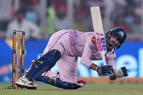 Gujarat Titans' Washington Sundar plays a shot during the Indian Premier League cricket match between Gujarat Titans and Sunrisers Hyderabad, in Ahmedabad, India.
