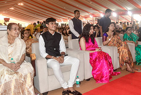Newly sworn-in Assam Chief Minister Himanta Biswa Sarma’s wife Riniki Bhuyan Sharma and family members during the swearing-in ceremony of the state government, at Khanapara in Guwahati.