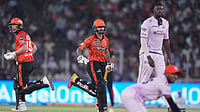 GT Vs SRH Live Score, IPL 2026: Heinrich Klaasen Falls As Gujarat Titans Tighten Grip On Chase | Hyderabad 67/7 (11.3) (AP Photo/Ajit Solanki) : Sunrisers Hyderabad's Heinrich Klaasen, left and Salil Arora run between the wickets to score as Gujarat Titans' Jason Holder, right looks on during the Indian Premier League cricket match between Gujarat Titans and Sunrisers Hyderabad, in Ahmedabad, India, Tuesday, May 12, 2026.