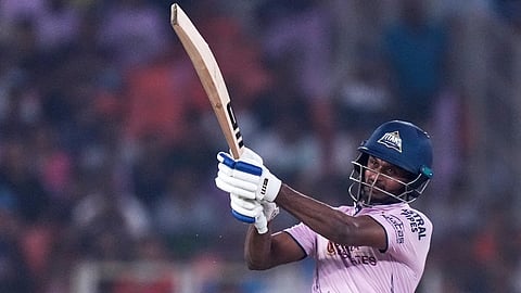 Sai Sudharsan plays a shot during the Indian Premier League match between Gujarat Titans and Sunrisers Hyderabad in Ahmedabad.