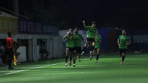 IFL : Gokulam Kerala players celebrate their winning goal against Namdhari FC in their Indian Football League 2025-26 match.