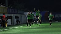 IFL : Gokulam Kerala players celebrate their winning goal against Namdhari FC in their Indian Football League 2025-26 match.