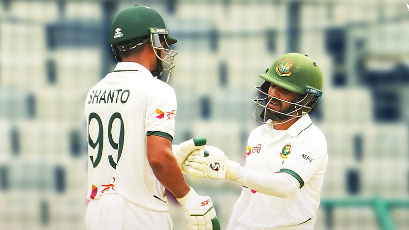 Bangladesh's Najmul Hossain Shanto and Mominul Haque in action during Day 4 of the first Test against Pakistan on May 11, 2026. - | Photo: X/BCBTigers