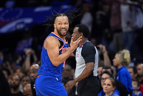 New York Knicks' Jalen Brunson reacts after scoring during the second half of Game 4 against the Philadelphia 76ers in a second-round NBA basketball playoffs series in Philadelphia.