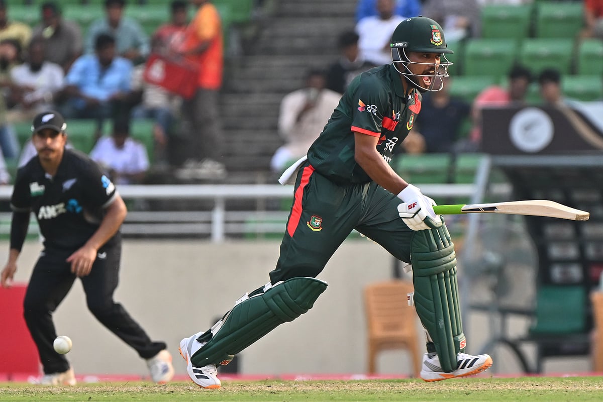 Bangladesh's Najmul Hossain Shanto takes a run during the second one day international cricket match between Bangladesh and New Zealand in Mirpur, Bangladesh, Monday, April 20, 2026.  - | Photo: AP/Mosaraf Hossain