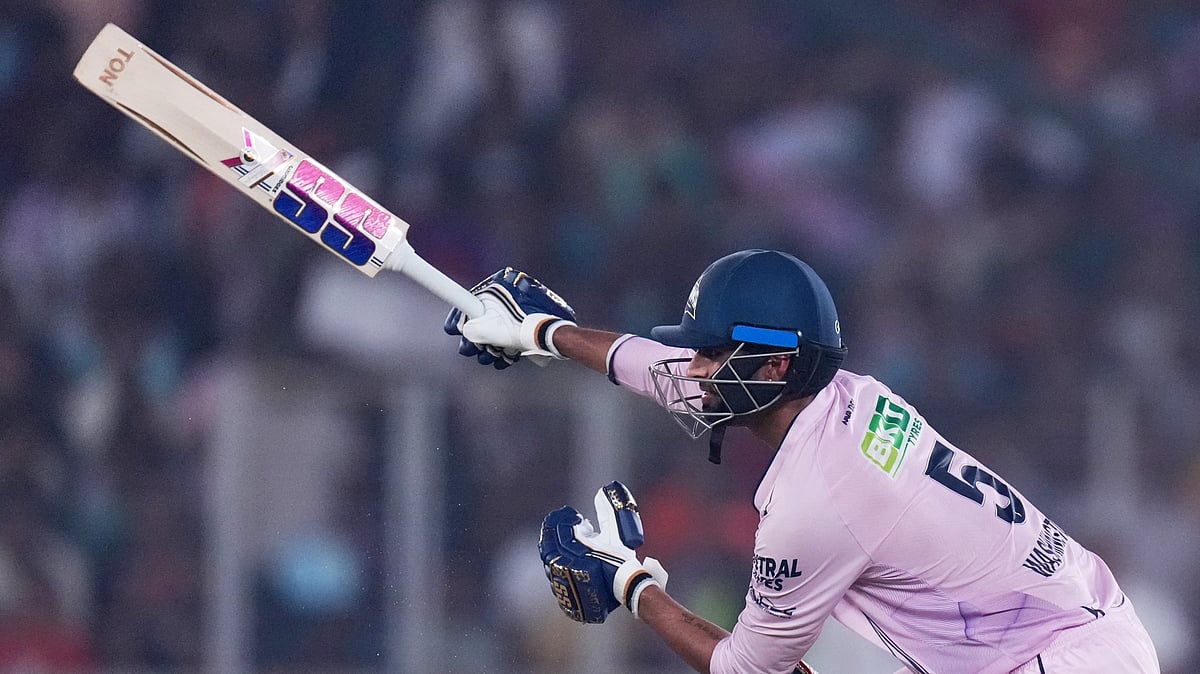 Gujarat Titans' Washington Sundar plays a shot during the Indian Premier League cricket match between Gujarat Titans and Sunrisers Hyderabad, in Ahmedabad, India, Tuesday, May 12, 2026. - (AP Photo/Ajit Solanki)