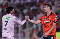 GT Vs SRH, IPL 2026: Kagiso Rabada, Jason Holder Engineer Gujarat Titans' Massive Win | Photo: AP/Ajit Solanki : Gujarat Titans' captain Shubman Gill, left and Sunrisers Hyderabad's Pat Cummins shake hands after Gujarat Titans won the match during the Indian Premier League cricket, in Ahmedabad, India.