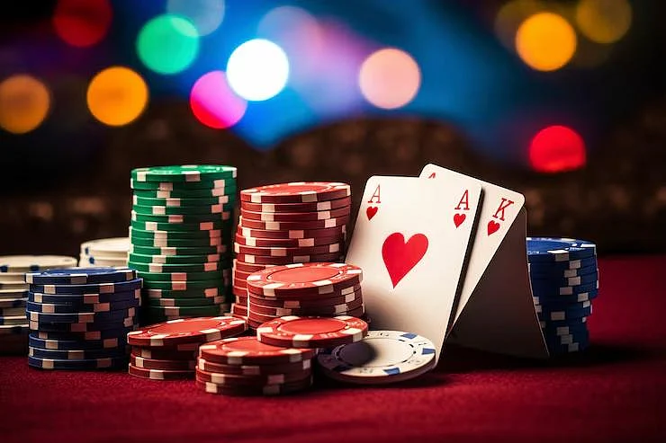 Poker chips stacked next to playing cards on felt