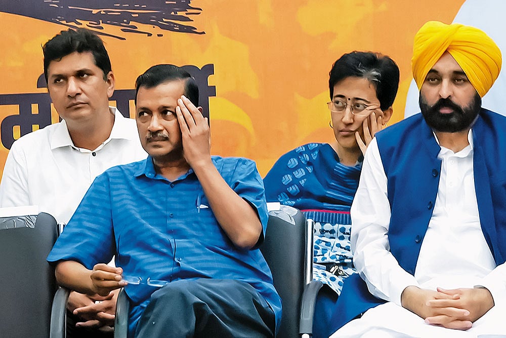 Parties in Decline: AAP’s Arvind Kejriwal with party leaders in New Delhi on September 15, 2024