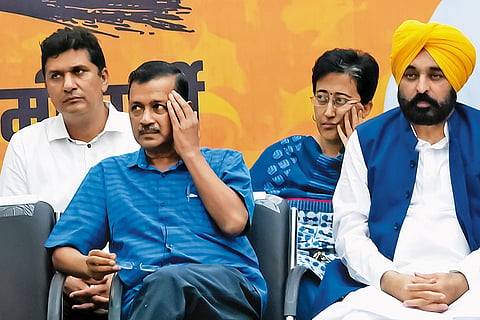 Parties in Decline: AAP’s Arvind Kejriwal with party leaders in New Delhi on September 15, 2024