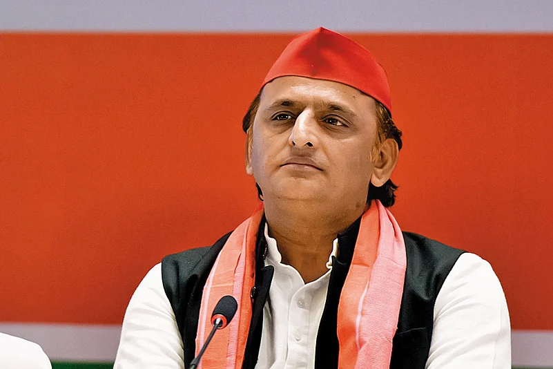 Samajwadi Party’s Akhilesh Yadav addressing a press conference in 2024