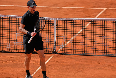 Italy's Jannik Sinner reacts after winning a point to Italy's Andrea Pellegrino, during their match at the Italian Open tennis tournament in Rome.