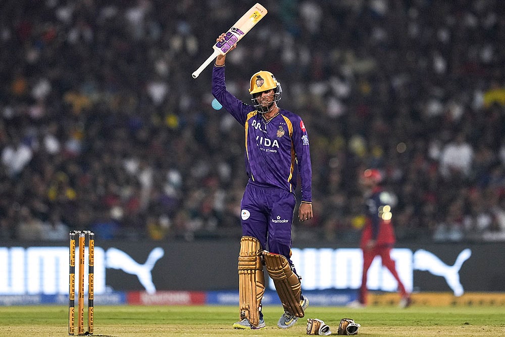 Kolkata Knight Riders Angkrish Raghuvanshi celebrates his half century