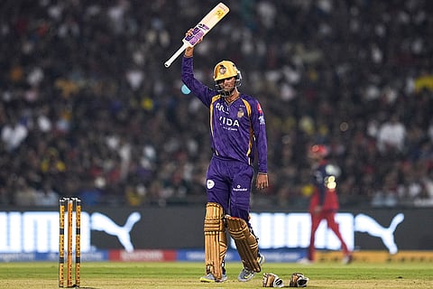 Kolkata Knight Riders' Angkrish Raghuvanshi celebrates his half century during an Indian Premier League (IPL) 2026 T20 cricket match between Royal Challengers Bengaluru and Kolkata Knight Riders, in Raipur, Chhattisgarh.