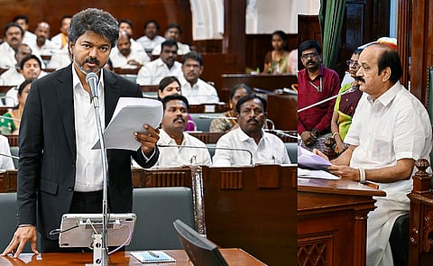 Tamil Nadu Legislative Assembly Speaker JCD Prabhakar, right, looks on, as state CM Joseph Vijay speaks in the state Assembly during floor test proceedings, in Chennai. 
