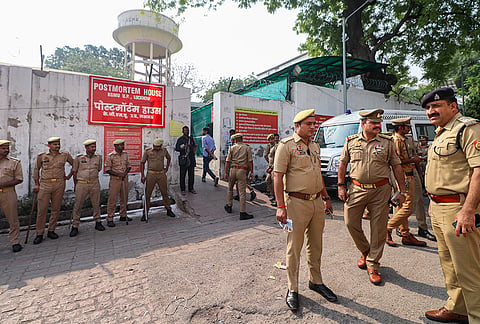 Security heightened outside post-mortem house at KGMU, where the mortal remains of Samajwadi Party National President Akhilesh Yadav's stepbrother Prateek Yadav are kept for post-mortem examination, in Lucknow.