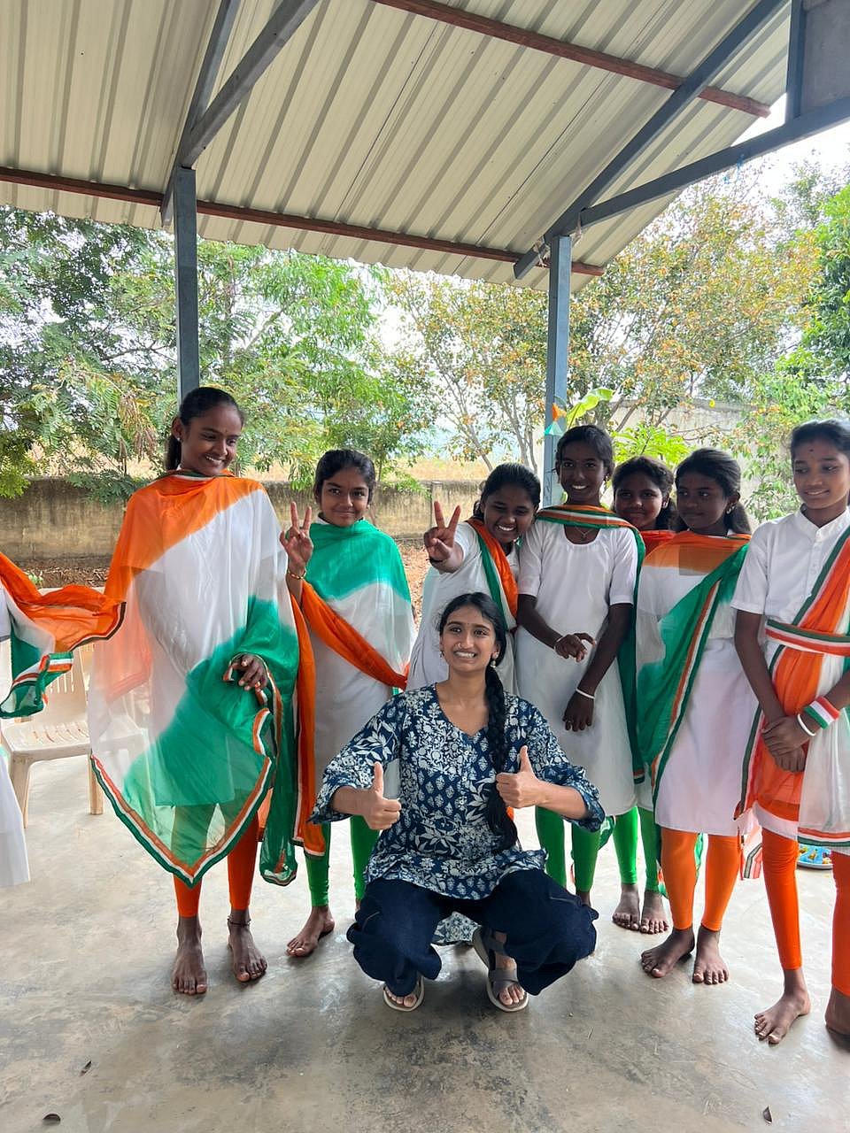 Saanvi Raghavendran with students celebrating Republic Day