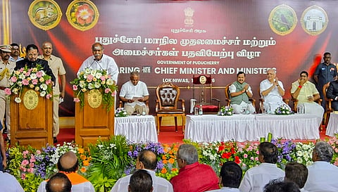 Puducherry LG K. Kailashnathan administers the oath of office to NDA leader N. Rangaswamy as the Chief Minister of Puducherry during a swearing-in ceremony. BJP National President Nitin Nabin and others also seen. 