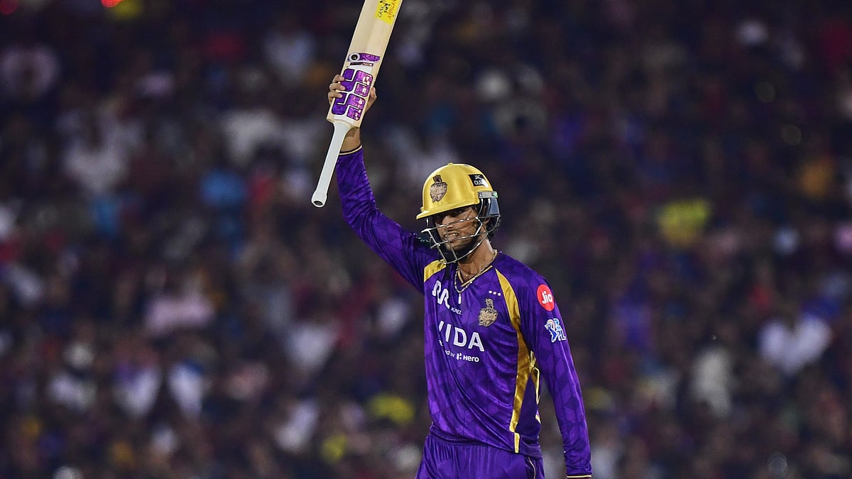 Kolkata Knight Riders' Angkrish Raghuvanshi celebrates his fifty runs during the Indian Premier League cricket match between Royal Challengers Bengaluru and Kolkata Knight Riders in Raipur, India, Wednesday, May 13, 2026 - (AP Photo/Abhijit Addya)