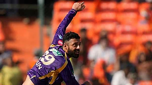 | Photo: AP/Mahesh Kumar A. : Kolkata Knight Riders' Varun Chakaravarthy bowls a delivery during the Indian Premier League cricket match between Sunrisers Hyderabad and Kolkata Knight Riders in Hyderabad.