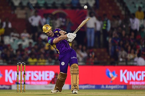 Kolkata Knight Riders' Finn Allen plays a shot during the Indian Premier League cricket match between Royal Challengers Bengaluru and Kolkata Knight Riders in Raipur, India.