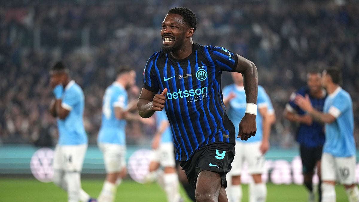 Inter Milan's Marcus Thuram celebrates after Lazio's Adam Marusic scored an own goal during the Italian Cup soccer final between Lazio and Inter Milan, in Rome. - AP Photo