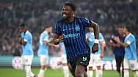 AP Photo : Inter Milan's Marcus Thuram celebrates after Lazio's Adam Marusic scored an own goal during the Italian Cup soccer final between Lazio and Inter Milan, in Rome.