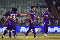 | Photo: AP/Abhijit Addya : Kolkata Knight Riders' Kartik Tyagi celebrates with teammates the wicket of Royal Challengers Bengaluru's Jacob Bethell during the Indian Premier League cricket match between Royal Challengers Bengaluru and Kolkata Knight Riders in Raipur, India.