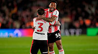 Southampton 2-1 Middlesbrough, EFL Championship Playoffs Semi-Final: Charles Strikes Late To Send Saints To Final | Photo: AP/Andrew Matthews : Southampton's Welington, right, and Ryan Manning celebrate at the final whistle in the EFL Championship play off semifinal soccer game between Southampton and Middlesbrough, Tuesday, May 12, 2026, in, Southampton, England.