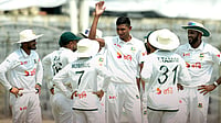 | Photo: X/B|CBTigers : Bangladesh's Nahid Rana celebrates with his teammates during the first Test against Pakistan on May 12, 2026.