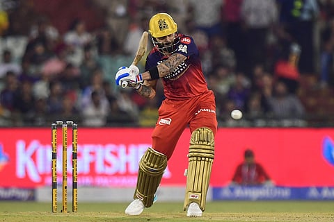 Royal Challengers Bengaluru's Virat Kohli plays a shot during the Indian Premier League cricket match between Royal Challengers Bengaluru and Kolkata Knight Riders in Raipur, India.