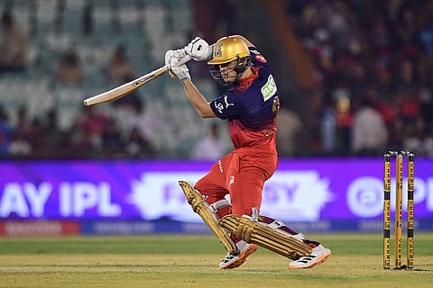Royal Challengers Bengaluru's Jacob Bethell during the Indian Premier League cricket match between Royal Challengers Bengaluru and Kolkata Knight Riders in Raipur, India.