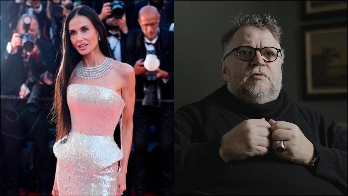 Demi Moore and Guillermo del Toro on AI in cinema - Left pic- AP Photo/John Locher, right pic- IMDb