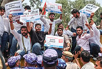 | Photo: PTI/Tanmay Pande : National Students' Union of India (NSUI) members stage a demonstration against the National Testing Agency (NTA) over alleged paper leak concerns following the cancellation of the NEET-UG 2026 examination, outside Shastri Bhawan, in New Delhi.