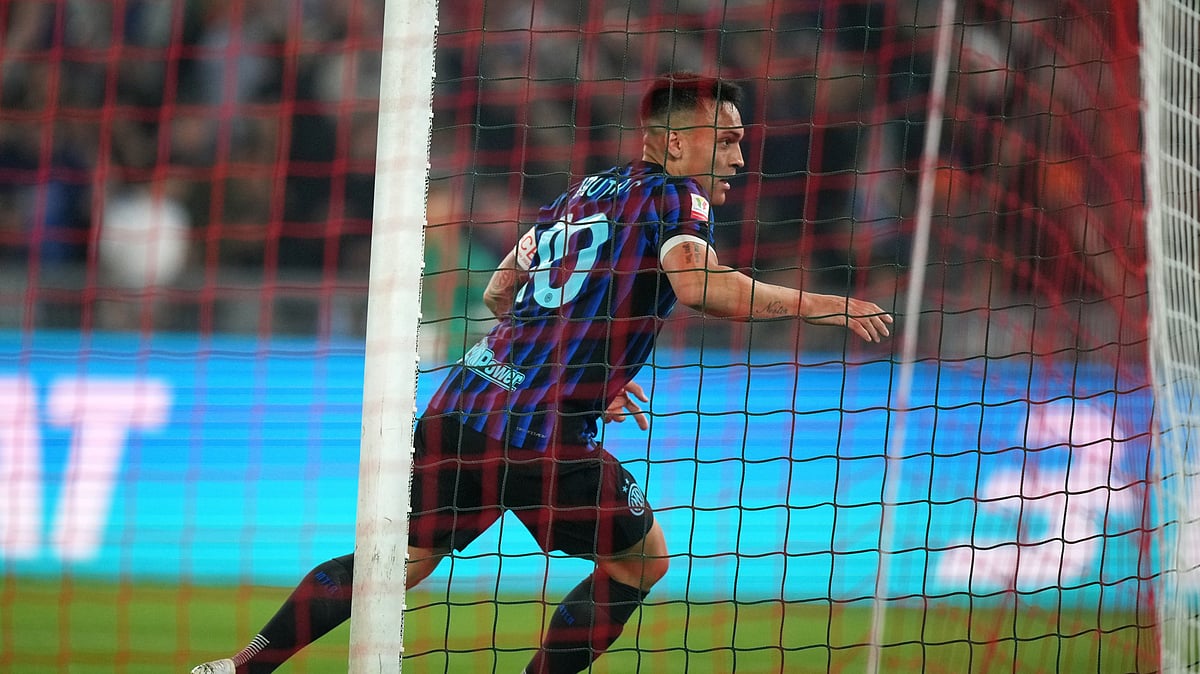 Inter Milan's Lautaro Martinez celebrates after scoring his side's second goal during the Italian Cup soccer final between Lazio and Inter Milan, in Rome. - AP Photo