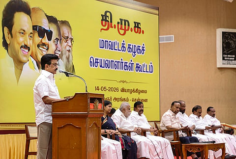 DMK President MK Stalin during a meeting of the party’s district secretaries, in Chennai.