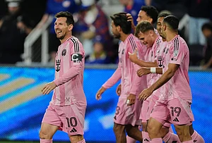 | Photo: AP/Joshua A. Bickel : Inter Miami CF midfielder Lionel Messi, left, celebrates after scoring a goal during the second half of an MLS soccer game in Cincinnati.