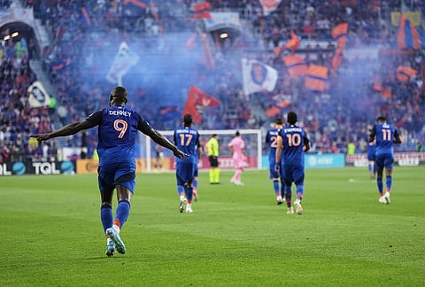 FC Cincinnati forward Kévin Denkey (9) celebrates after scoring a penalty kick goal during the first half of an MLS soccer game Inter Miami CF, in Cincinnati.  